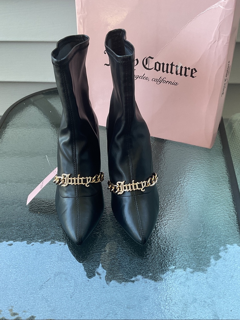 Juicy Couture Black Pointed Sock Boot with Gold Logo Chain